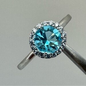 New Sterling Silver Blue CZ Halo Ring Size 7 Sparkling Round Cut